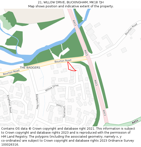 21, WILLOW DRIVE, BUCKINGHAM, MK18 7JH: Location map and indicative extent of plot