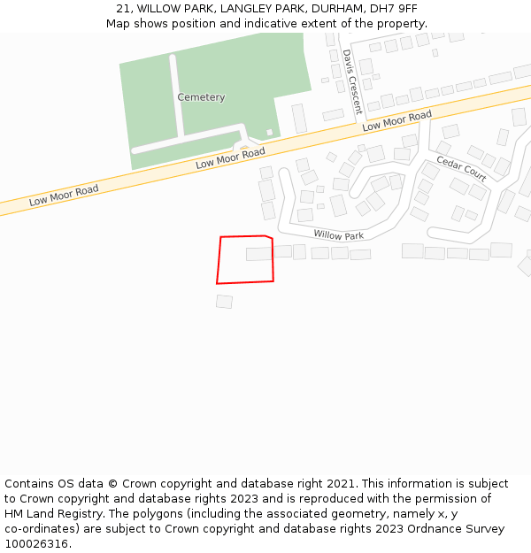 21, WILLOW PARK, LANGLEY PARK, DURHAM, DH7 9FF: Location map and indicative extent of plot