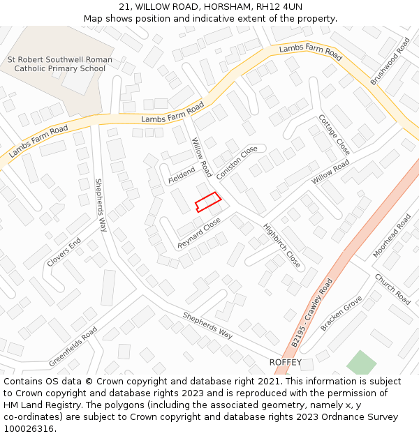 21, WILLOW ROAD, HORSHAM, RH12 4UN: Location map and indicative extent of plot