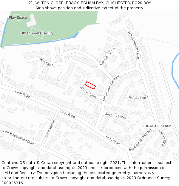 21, WILTON CLOSE, BRACKLESHAM BAY, CHICHESTER, PO20 8QY: Location map and indicative extent of plot