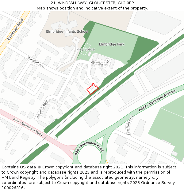 21, WINDFALL WAY, GLOUCESTER, GL2 0RP: Location map and indicative extent of plot