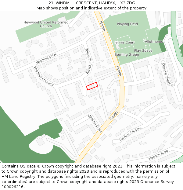 21, WINDMILL CRESCENT, HALIFAX, HX3 7DG: Location map and indicative extent of plot