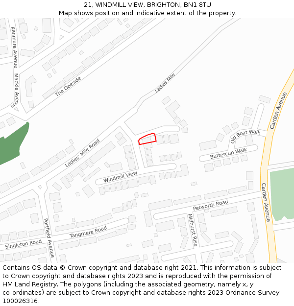 21, WINDMILL VIEW, BRIGHTON, BN1 8TU: Location map and indicative extent of plot