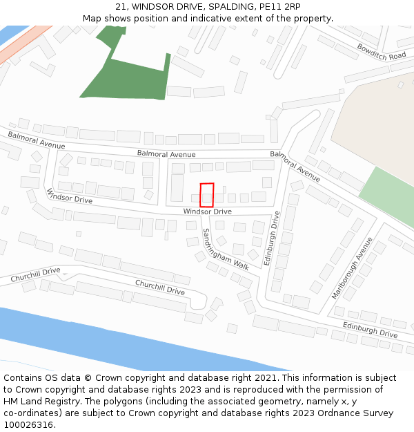 21, WINDSOR DRIVE, SPALDING, PE11 2RP: Location map and indicative extent of plot