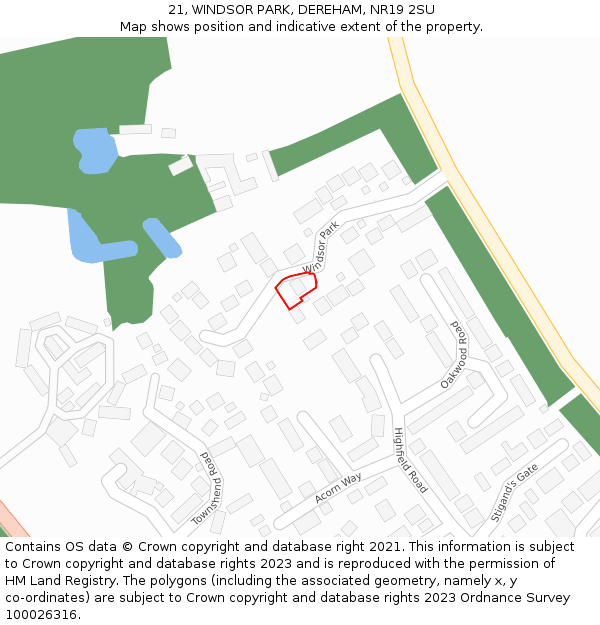 21, WINDSOR PARK, DEREHAM, NR19 2SU: Location map and indicative extent of plot
