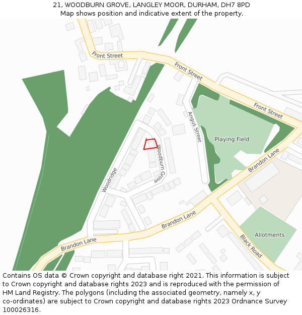 21, WOODBURN GROVE, LANGLEY MOOR, DURHAM, DH7 8PD: Location map and indicative extent of plot