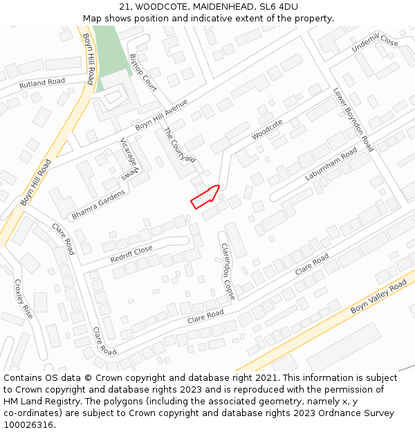 21, WOODCOTE, MAIDENHEAD, SL6 4DU: Location map and indicative extent of plot