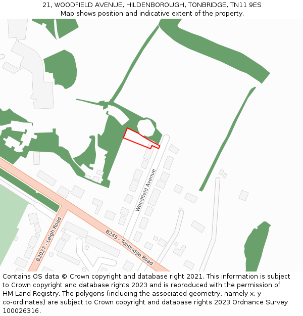 21, WOODFIELD AVENUE, HILDENBOROUGH, TONBRIDGE, TN11 9ES: Location map and indicative extent of plot