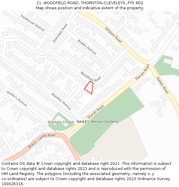 21, WOODFIELD ROAD, THORNTON-CLEVELEYS, FY5 4EQ: Location map and indicative extent of plot