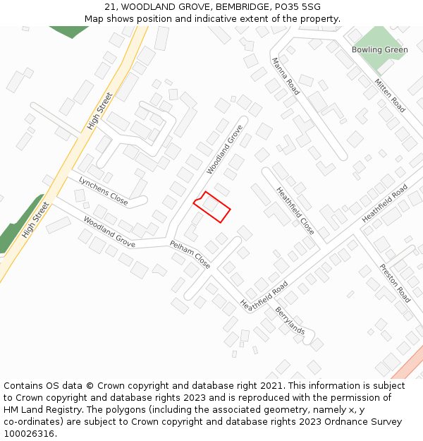 21, WOODLAND GROVE, BEMBRIDGE, PO35 5SG: Location map and indicative extent of plot