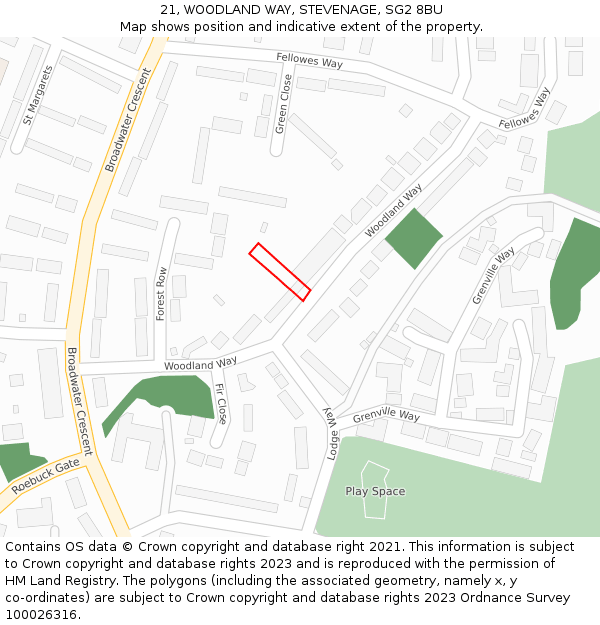 21, WOODLAND WAY, STEVENAGE, SG2 8BU: Location map and indicative extent of plot