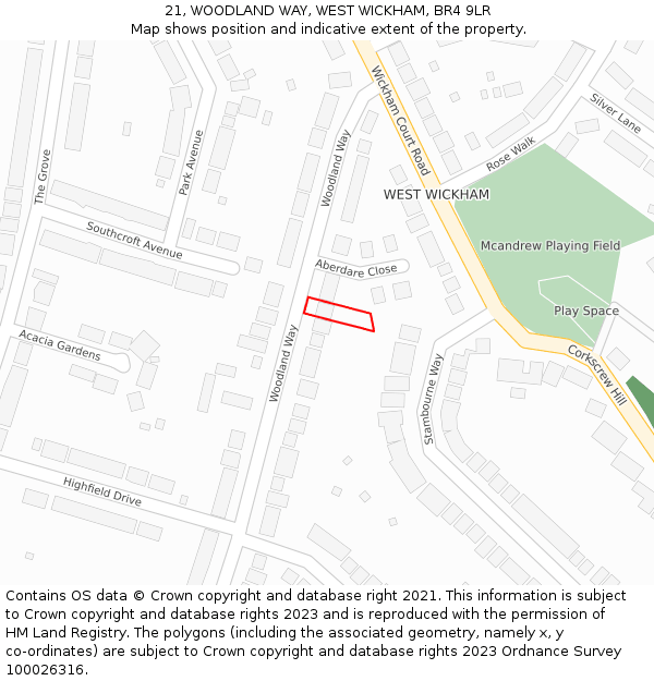 21, WOODLAND WAY, WEST WICKHAM, BR4 9LR: Location map and indicative extent of plot