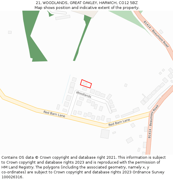 21, WOODLANDS, GREAT OAKLEY, HARWICH, CO12 5BZ: Location map and indicative extent of plot