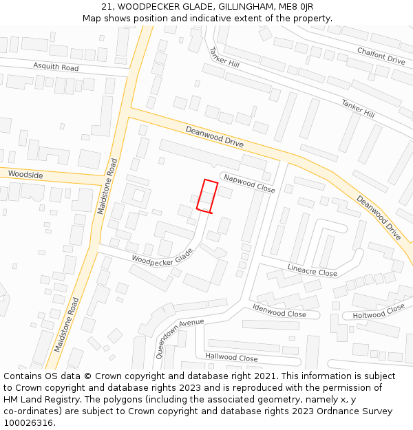 21, WOODPECKER GLADE, GILLINGHAM, ME8 0JR: Location map and indicative extent of plot