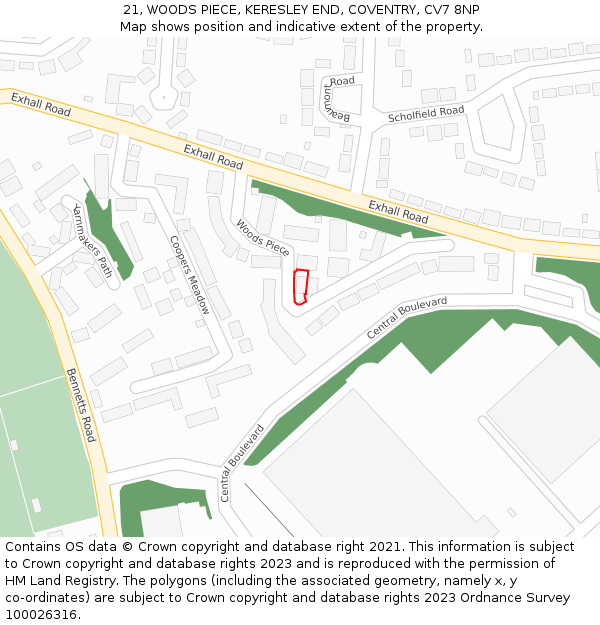 21, WOODS PIECE, KERESLEY END, COVENTRY, CV7 8NP: Location map and indicative extent of plot