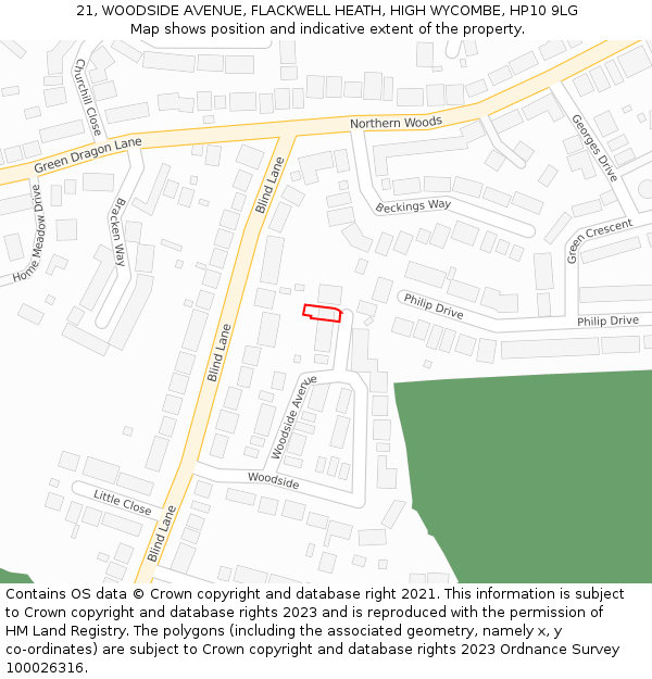 21, WOODSIDE AVENUE, FLACKWELL HEATH, HIGH WYCOMBE, HP10 9LG: Location map and indicative extent of plot