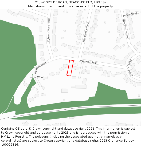 21, WOODSIDE ROAD, BEACONSFIELD, HP9 1JW: Location map and indicative extent of plot