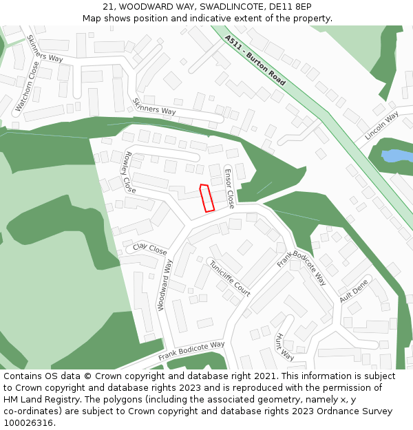 21, WOODWARD WAY, SWADLINCOTE, DE11 8EP: Location map and indicative extent of plot