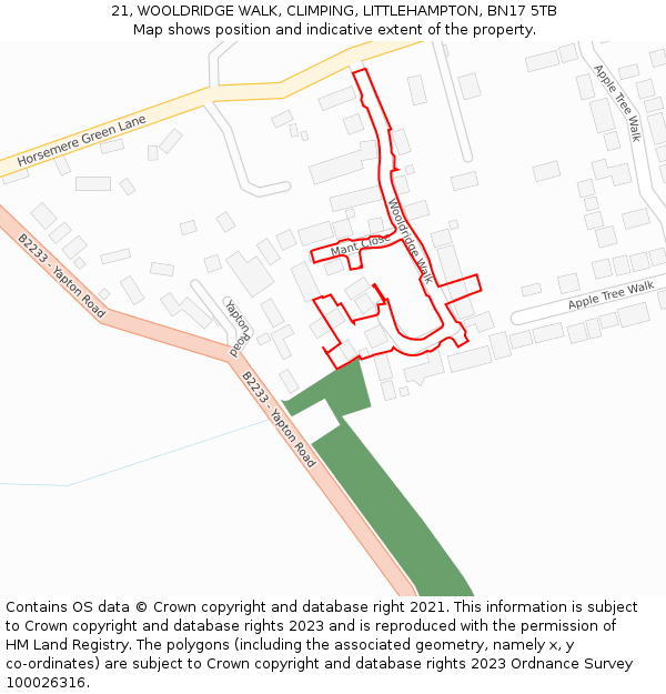 21, WOOLDRIDGE WALK, CLIMPING, LITTLEHAMPTON, BN17 5TB: Location map and indicative extent of plot
