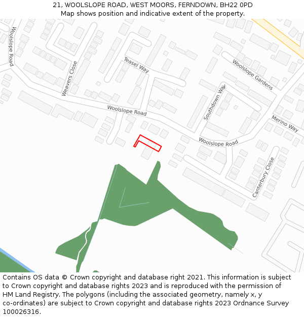 21, WOOLSLOPE ROAD, WEST MOORS, FERNDOWN, BH22 0PD: Location map and indicative extent of plot