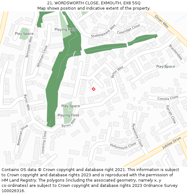 21, WORDSWORTH CLOSE, EXMOUTH, EX8 5SQ: Location map and indicative extent of plot