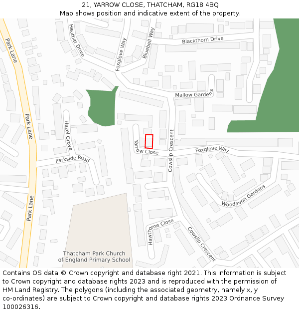 21, YARROW CLOSE, THATCHAM, RG18 4BQ: Location map and indicative extent of plot