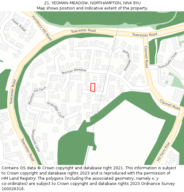 21, YEOMAN MEADOW, NORTHAMPTON, NN4 9YU: Location map and indicative extent of plot
