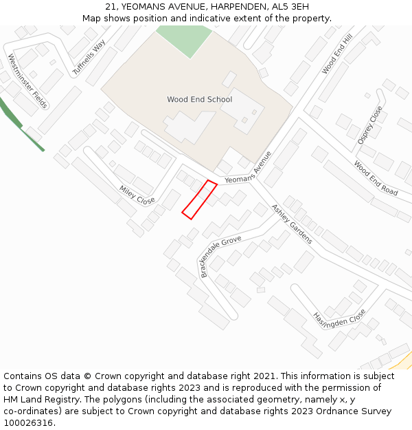 21, YEOMANS AVENUE, HARPENDEN, AL5 3EH: Location map and indicative extent of plot