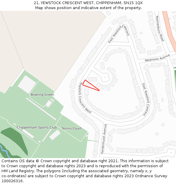 21, YEWSTOCK CRESCENT WEST, CHIPPENHAM, SN15 1QX: Location map and indicative extent of plot