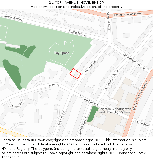 21, YORK AVENUE, HOVE, BN3 1PJ: Location map and indicative extent of plot