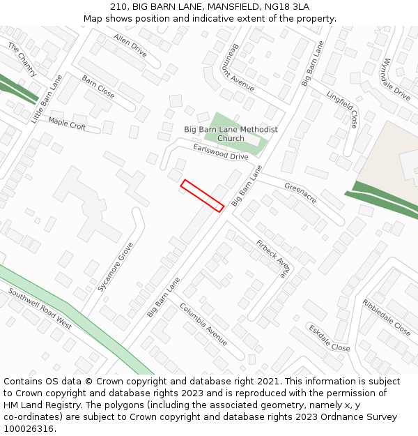 210, BIG BARN LANE, MANSFIELD, NG18 3LA: Location map and indicative extent of plot