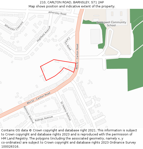 210, CARLTON ROAD, BARNSLEY, S71 2AP: Location map and indicative extent of plot