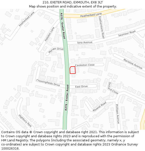 210, EXETER ROAD, EXMOUTH, EX8 3LT: Location map and indicative extent of plot