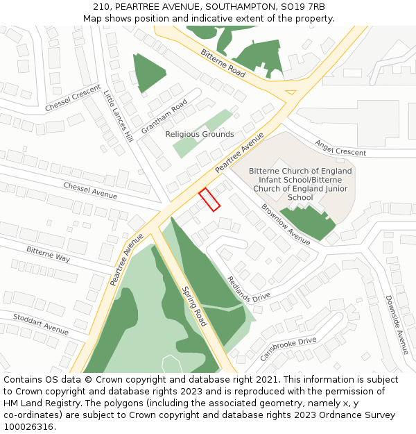 210, PEARTREE AVENUE, SOUTHAMPTON, SO19 7RB: Location map and indicative extent of plot