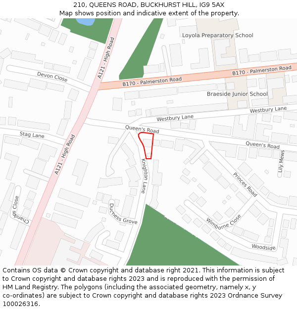 210, QUEENS ROAD, BUCKHURST HILL, IG9 5AX: Location map and indicative extent of plot
