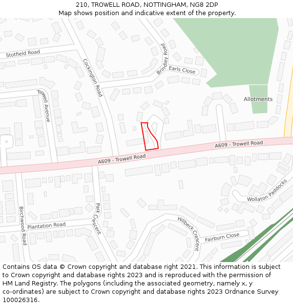 210, TROWELL ROAD, NOTTINGHAM, NG8 2DP: Location map and indicative extent of plot