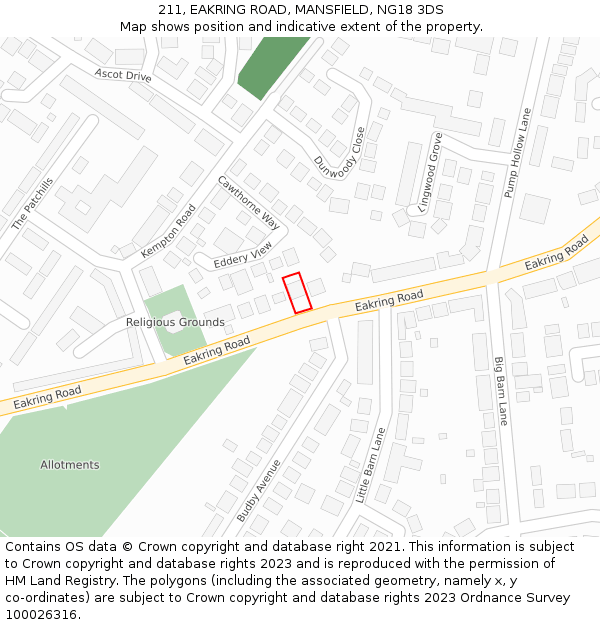 211, EAKRING ROAD, MANSFIELD, NG18 3DS: Location map and indicative extent of plot