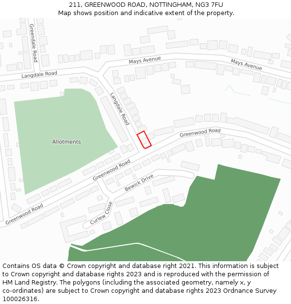 211, GREENWOOD ROAD, NOTTINGHAM, NG3 7FU: Location map and indicative extent of plot