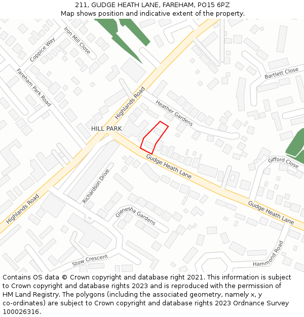 211, GUDGE HEATH LANE, FAREHAM, PO15 6PZ: Location map and indicative extent of plot