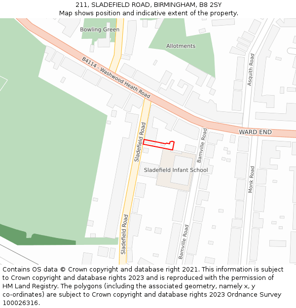 211, SLADEFIELD ROAD, BIRMINGHAM, B8 2SY: Location map and indicative extent of plot