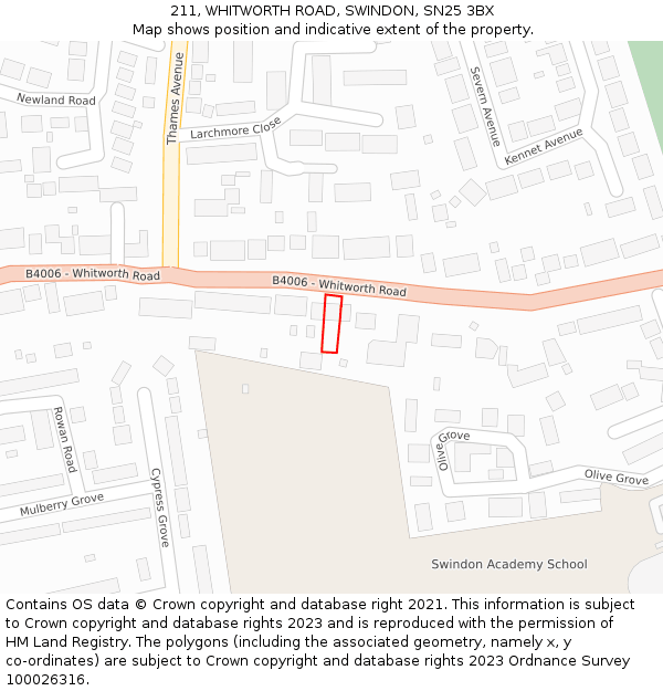 211, WHITWORTH ROAD, SWINDON, SN25 3BX: Location map and indicative extent of plot