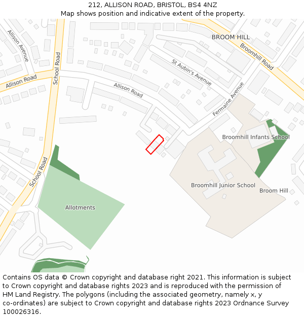 212, ALLISON ROAD, BRISTOL, BS4 4NZ: Location map and indicative extent of plot