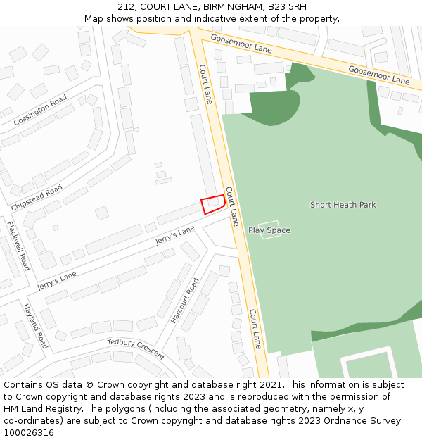 212, COURT LANE, BIRMINGHAM, B23 5RH: Location map and indicative extent of plot