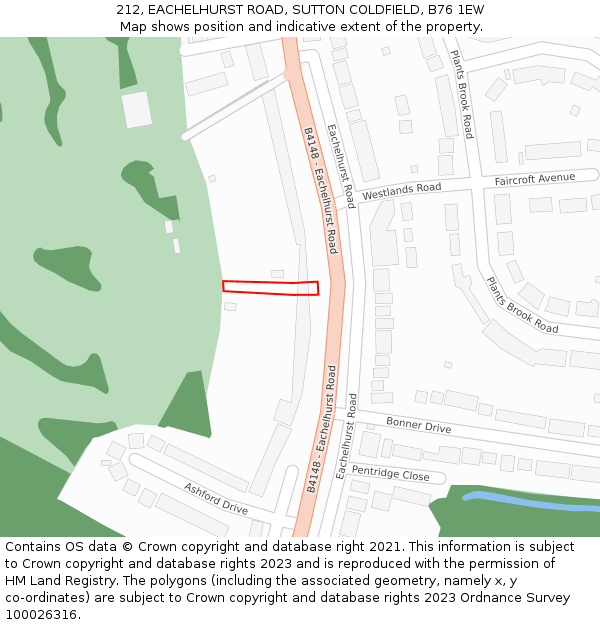 212, EACHELHURST ROAD, SUTTON COLDFIELD, B76 1EW: Location map and indicative extent of plot