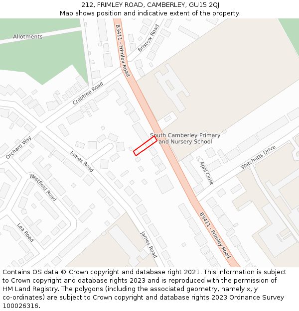 212, FRIMLEY ROAD, CAMBERLEY, GU15 2QJ: Location map and indicative extent of plot