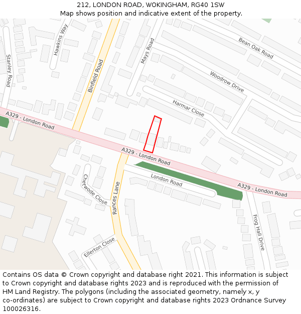 212, LONDON ROAD, WOKINGHAM, RG40 1SW: Location map and indicative extent of plot