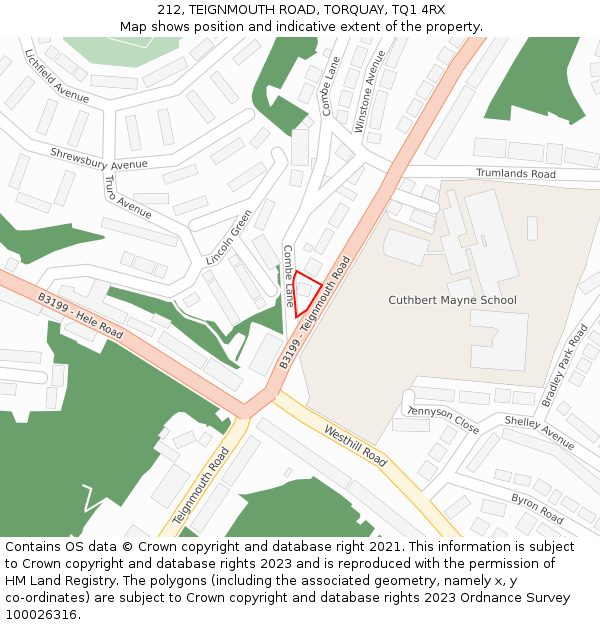 212, TEIGNMOUTH ROAD, TORQUAY, TQ1 4RX: Location map and indicative extent of plot