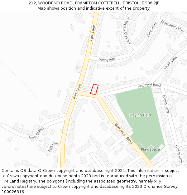 212, WOODEND ROAD, FRAMPTON COTTERELL, BRISTOL, BS36 2JF: Location map and indicative extent of plot