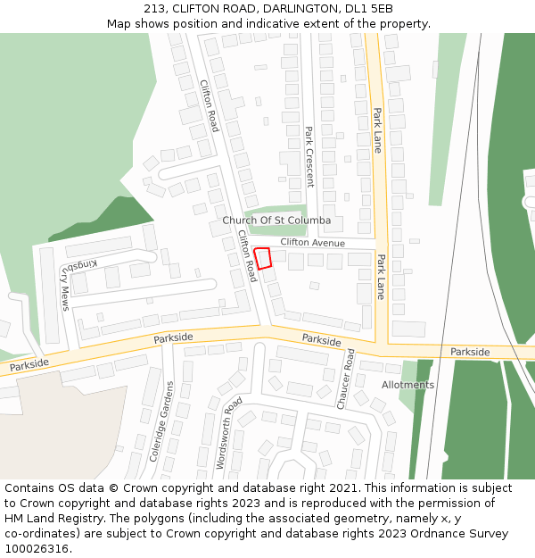 213, CLIFTON ROAD, DARLINGTON, DL1 5EB: Location map and indicative extent of plot