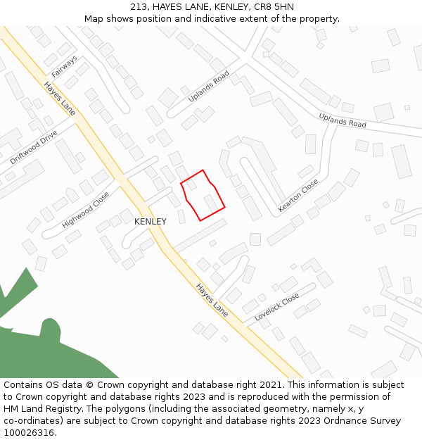 213, HAYES LANE, KENLEY, CR8 5HN: Location map and indicative extent of plot